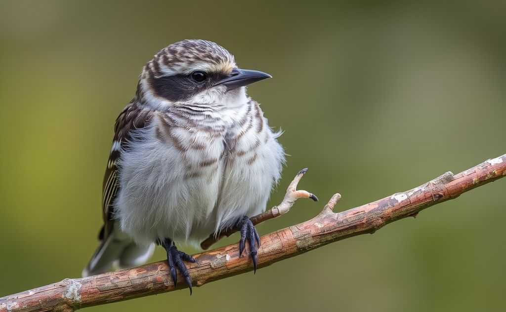A close-up of a bird with a broken leg resting on a branch.