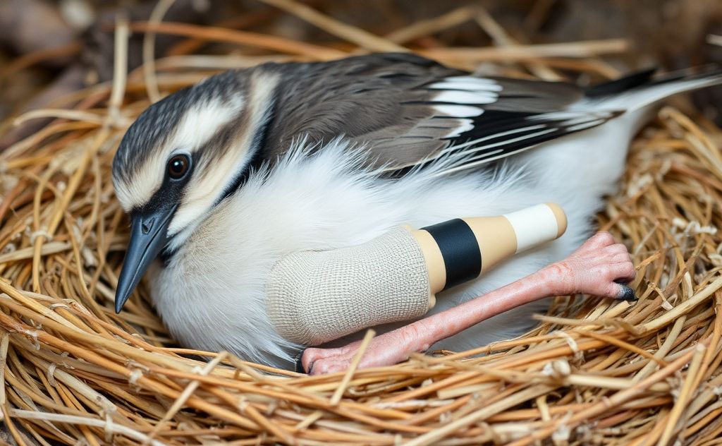 A close-up of a bird with a splinted leg resting on a soft nest.
