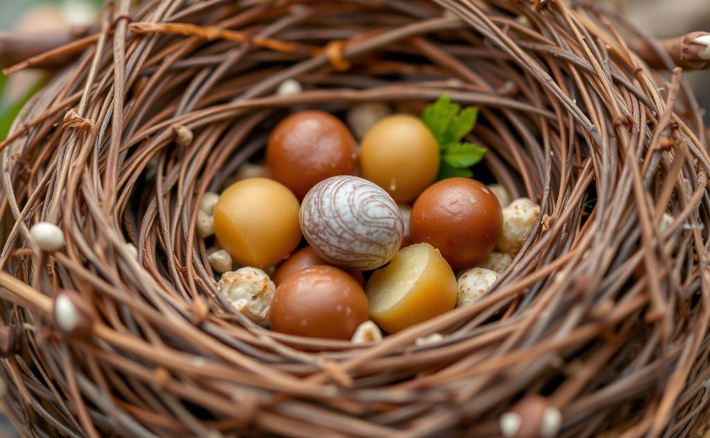 A close-up of a bird's nest filled with edible ingredients.