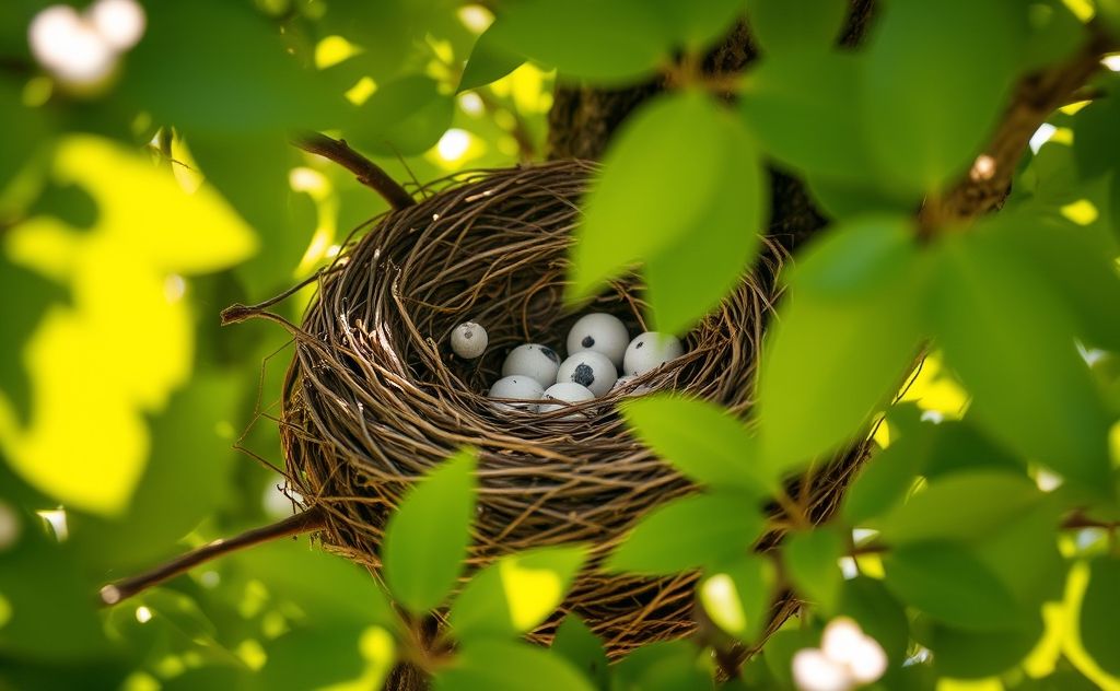 A close-up of a bird's nest in a tree with surrounding foliage.