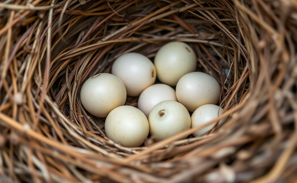 A close-up of a bird's nest with eggs and a caring environment.