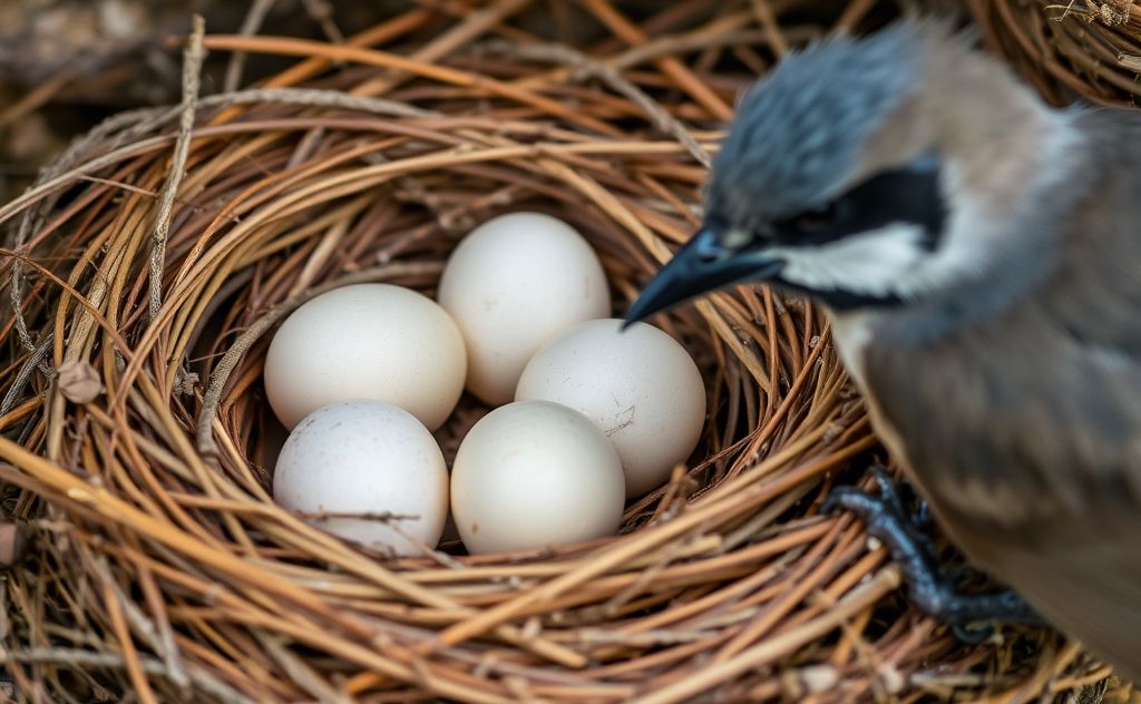 A close-up of a bird's nest with eggs and a curious bird nearby.
