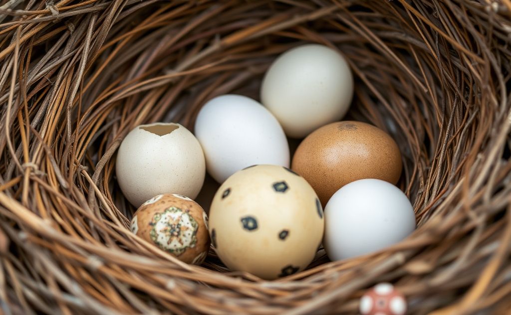 A close-up of a bird's nest with eggs from different species.