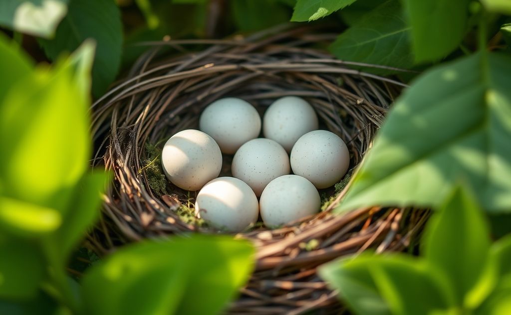 A close-up of a bird's nest with eggs surrounded by greenery.