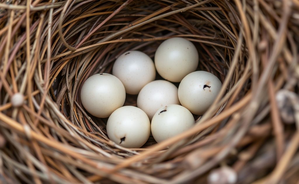 A close-up of a bird's nest with unhatched eggs nestled inside.