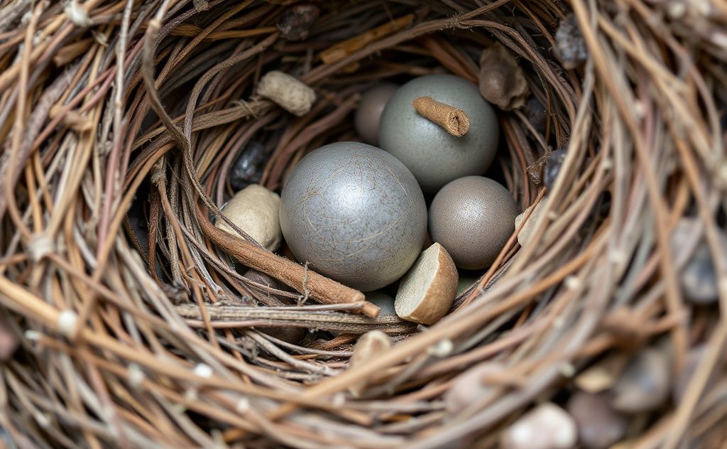 A close-up of a bird's nest with unique materials and textures.