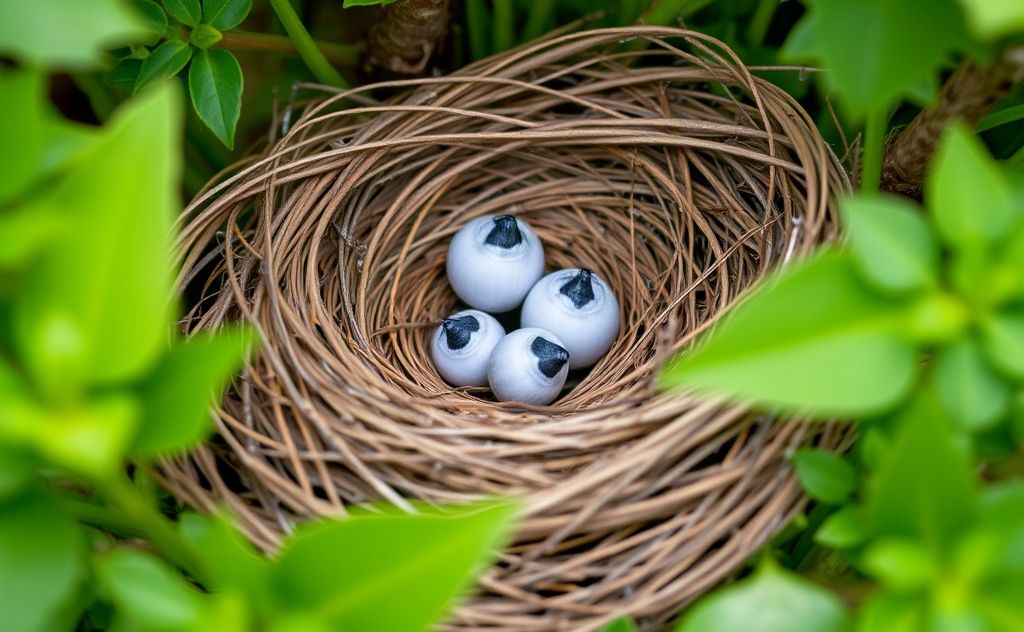 A close-up of a bird's nest with vibrant greenery surrounding it.