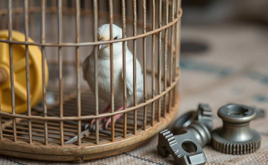 A close-up of a birdcage with broken wheels and replacement parts nearby.