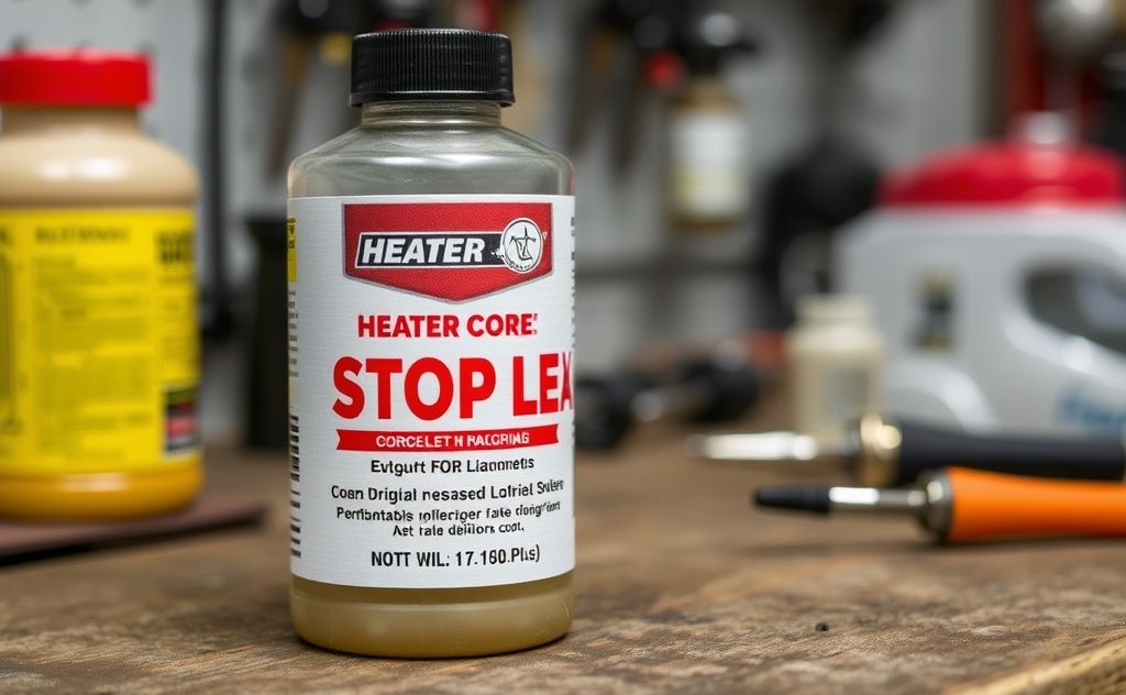 A close-up of a bottle of heater core stop leak product on a workbench.