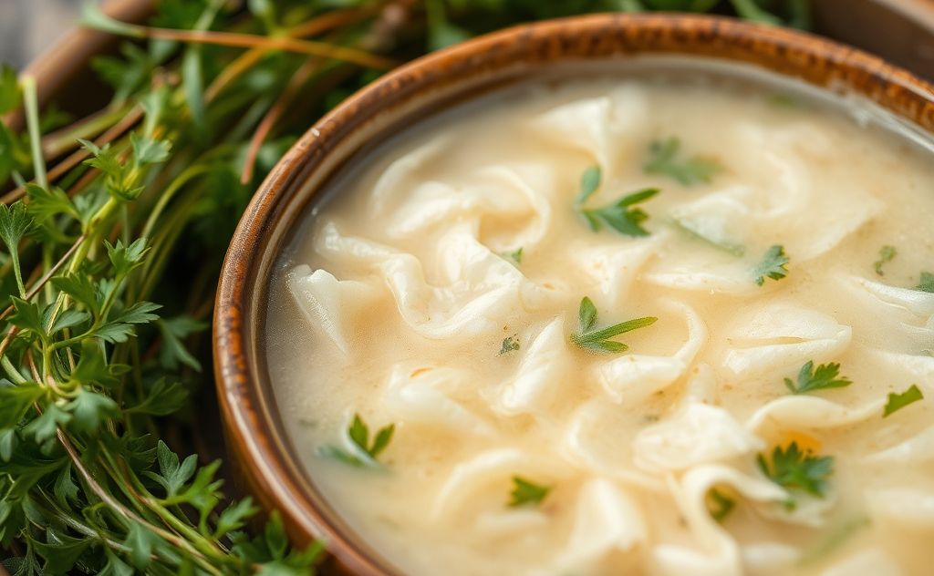 A close-up of a bowl of bird nest soup surrounded by herbs.