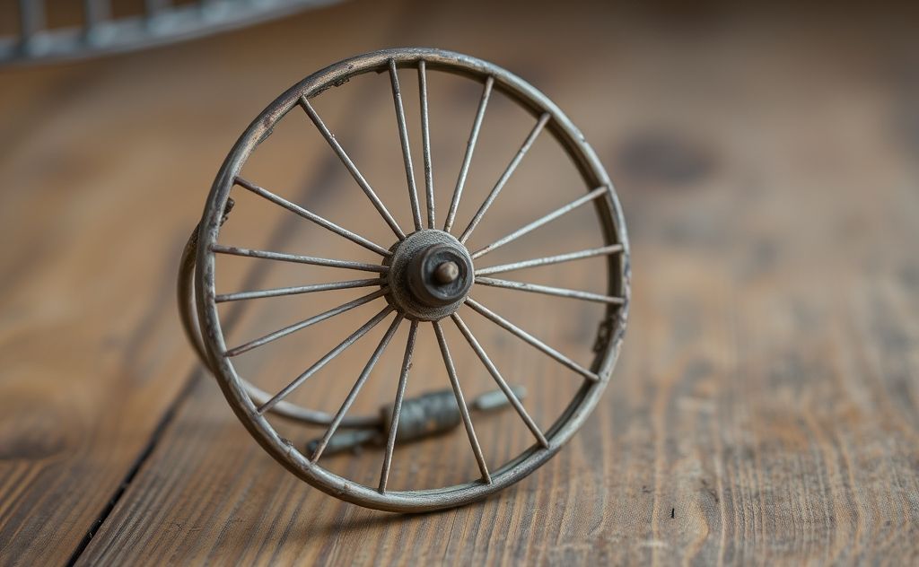 A close-up of a broken birdcage wheel on a wooden surface.