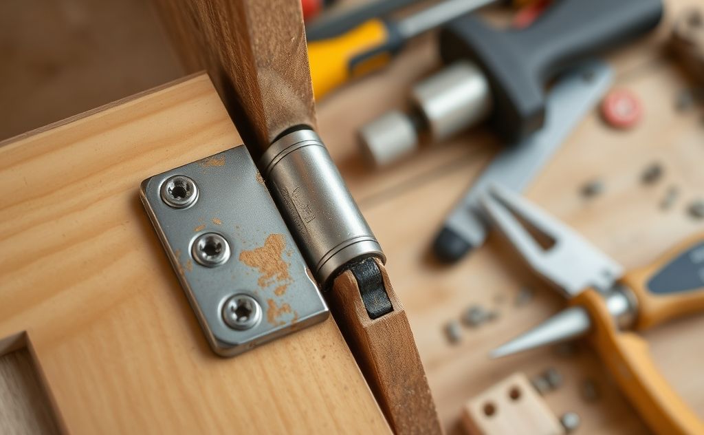 A close-up of a broken cabinet hinge with tools for repair nearby.