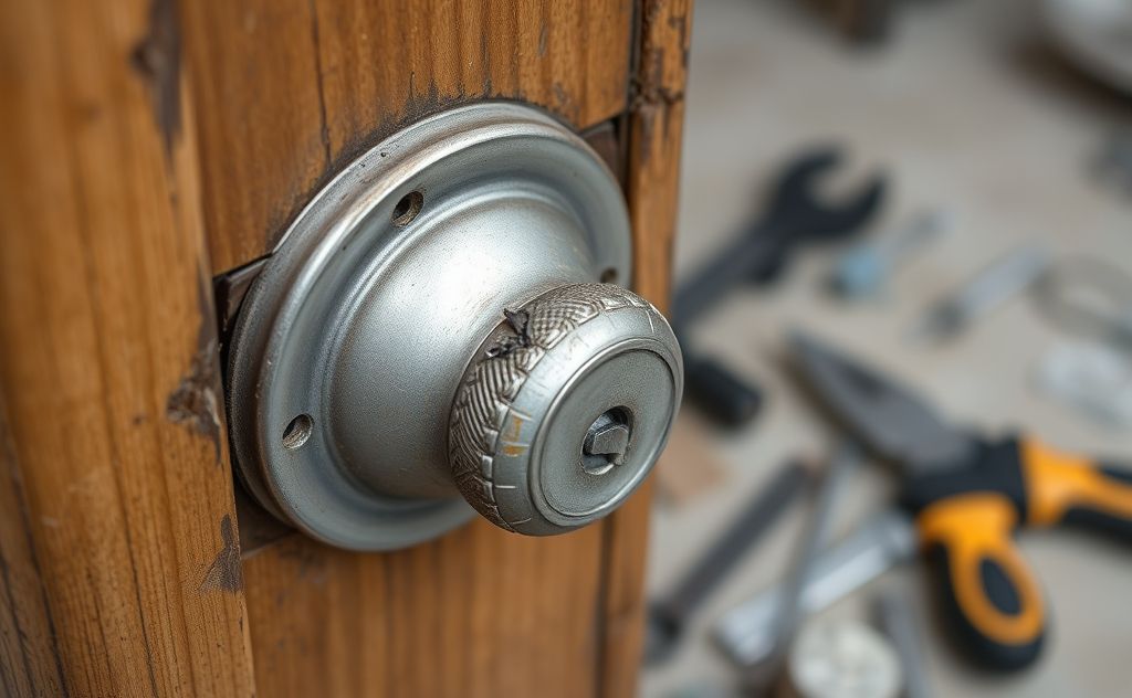 A close-up of a broken door lock with tools for repair nearby.