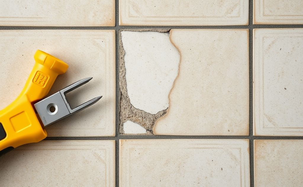 A close-up of a broken tile corner with tools for repair nearby.