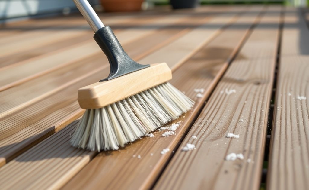 A close-up of a brush cleaning a composite decking surface.