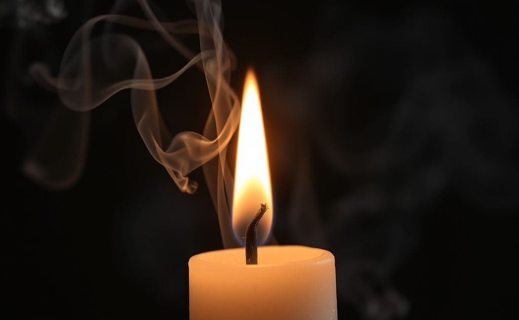 A close-up of a burning candle with smoke and pollutants rising.