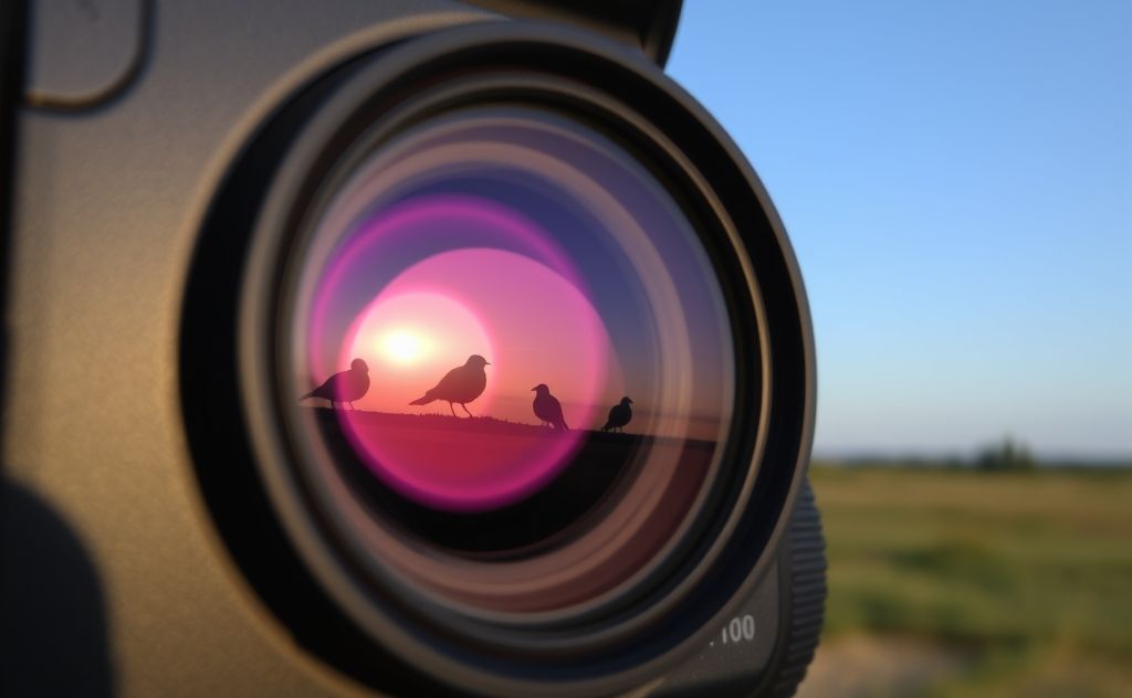 A close-up of a camera with a birdwatching lens and bird silhouettes.