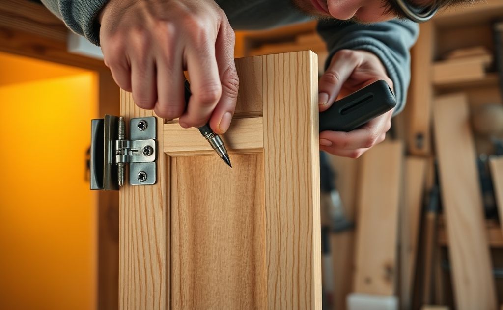A close-up of a carpenter adjusting cabinet door hinges with tools.