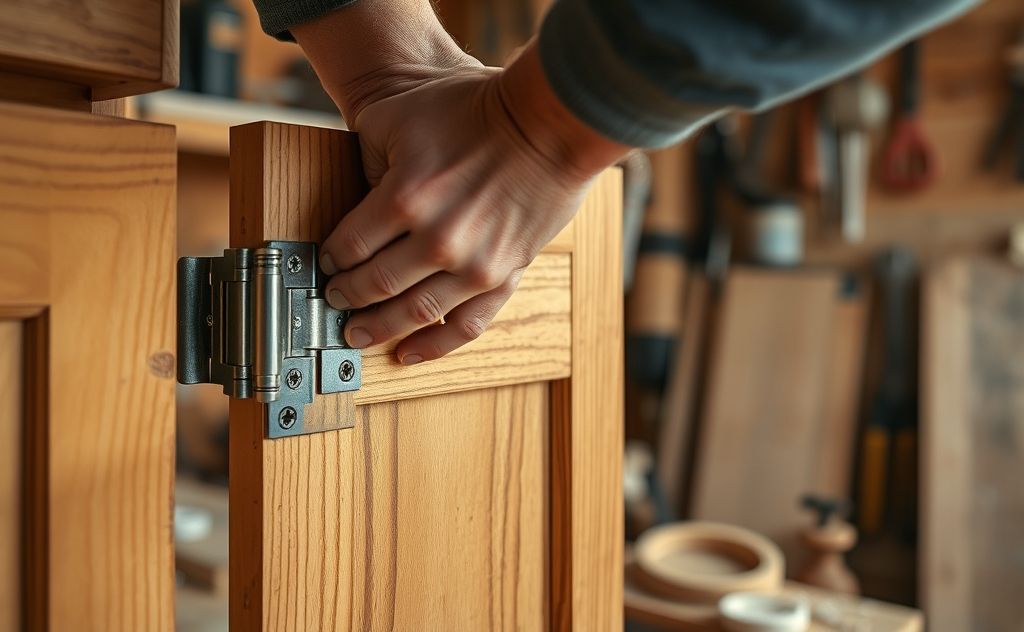 A close-up of a carpenter adjusting cabinet door hinges.