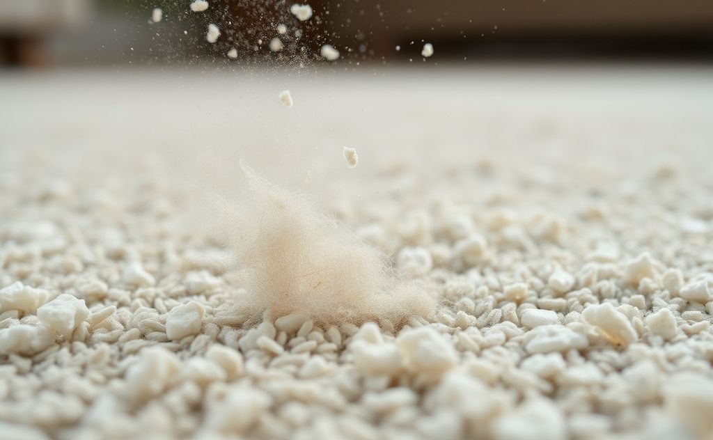 A close-up of a carpet with dust and allergens being released into the air.