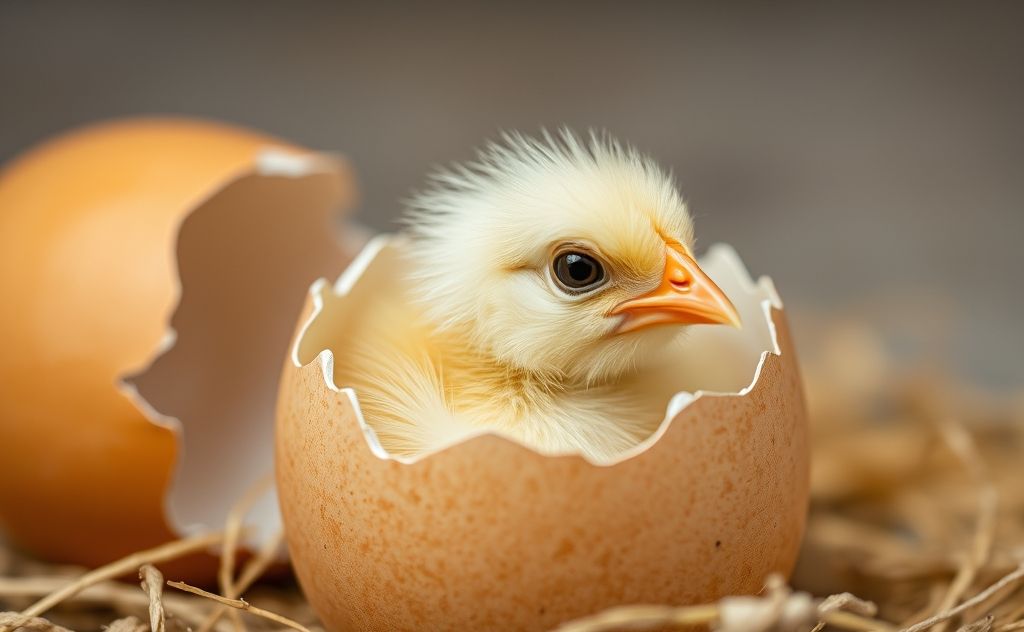 A close-up of a chick breaking out of its eggshell.