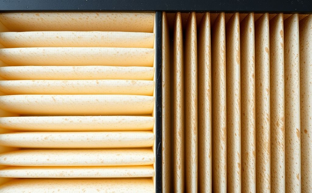 A close-up of a clean and dirty air filter side by side.