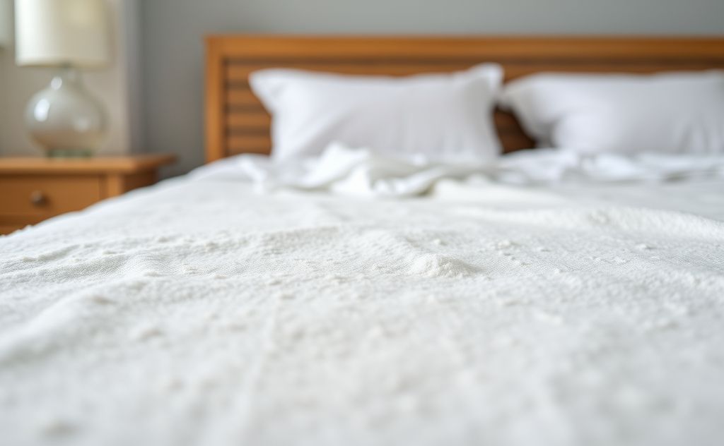 A close-up of a clean bedroom with dust-free surfaces and bedding.