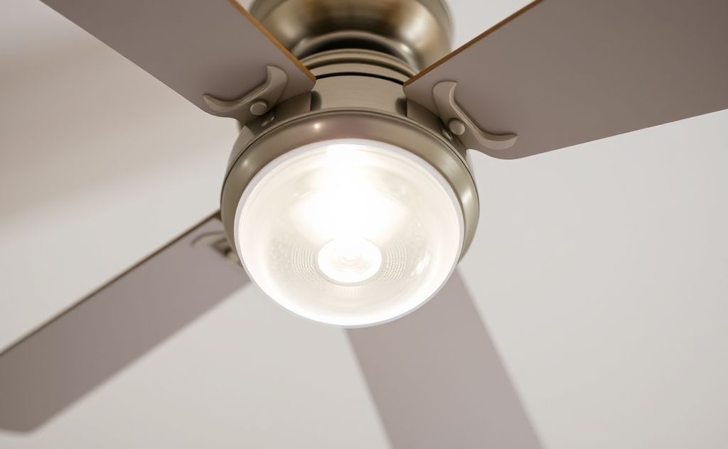A close-up of a clean ceiling fan and sparkling light fixture.