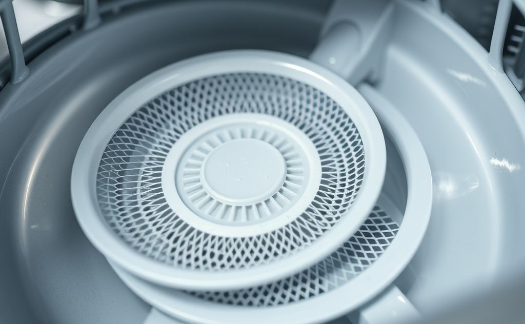 A close-up of a clean dishwasher filter and sparkling interior.