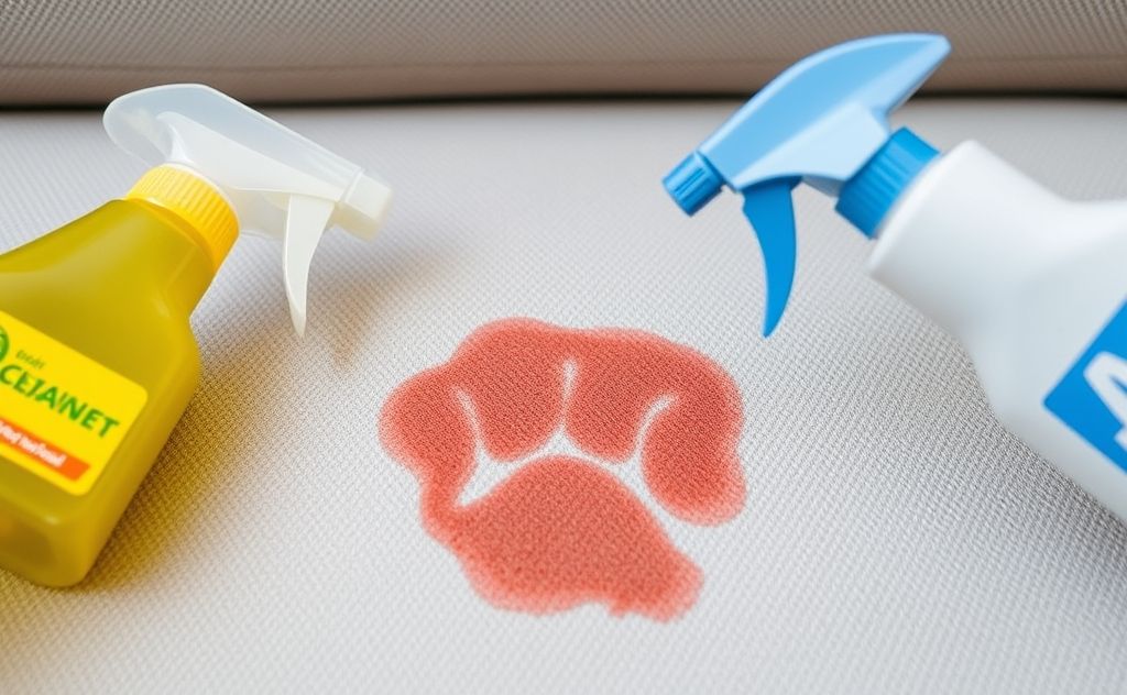 A close-up of a clean upholstery fabric with a pet stain removal spray.