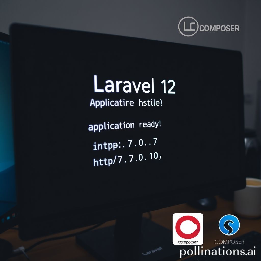 A close-up of a computer screen displaying a terminal window with successful Laravel 12 installation messages, including 