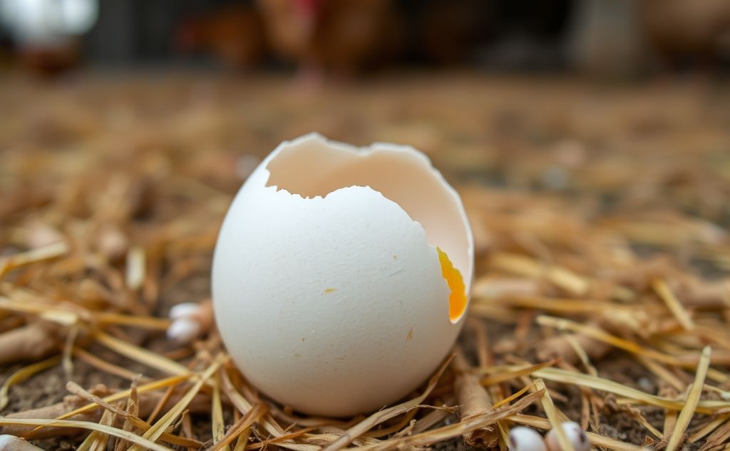 A close-up of a cracked chicken egg on a farm setting.