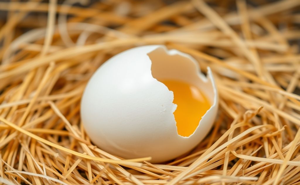 A close-up of a cracked chicken egg on a nest of straw.