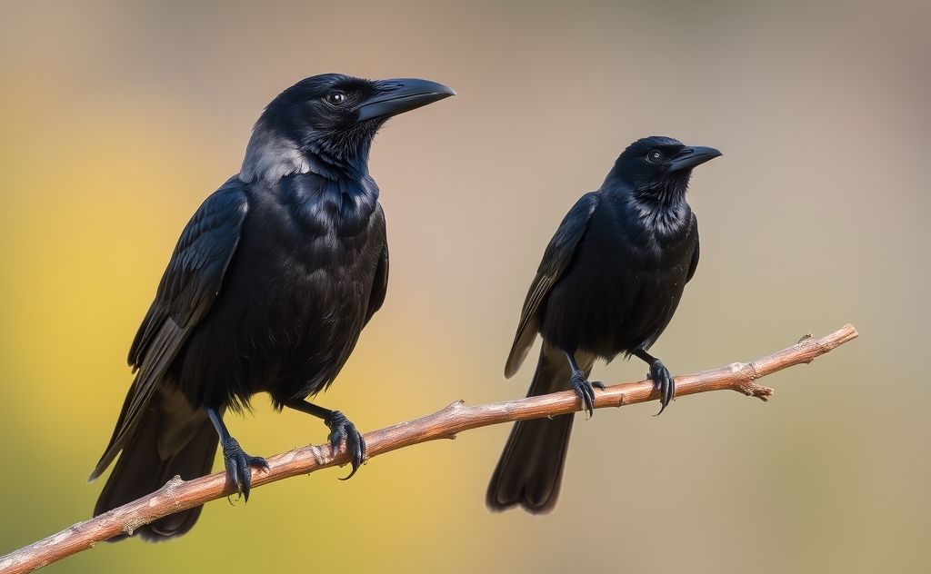 A close-up of a crow and a blackbird perched on a branch.