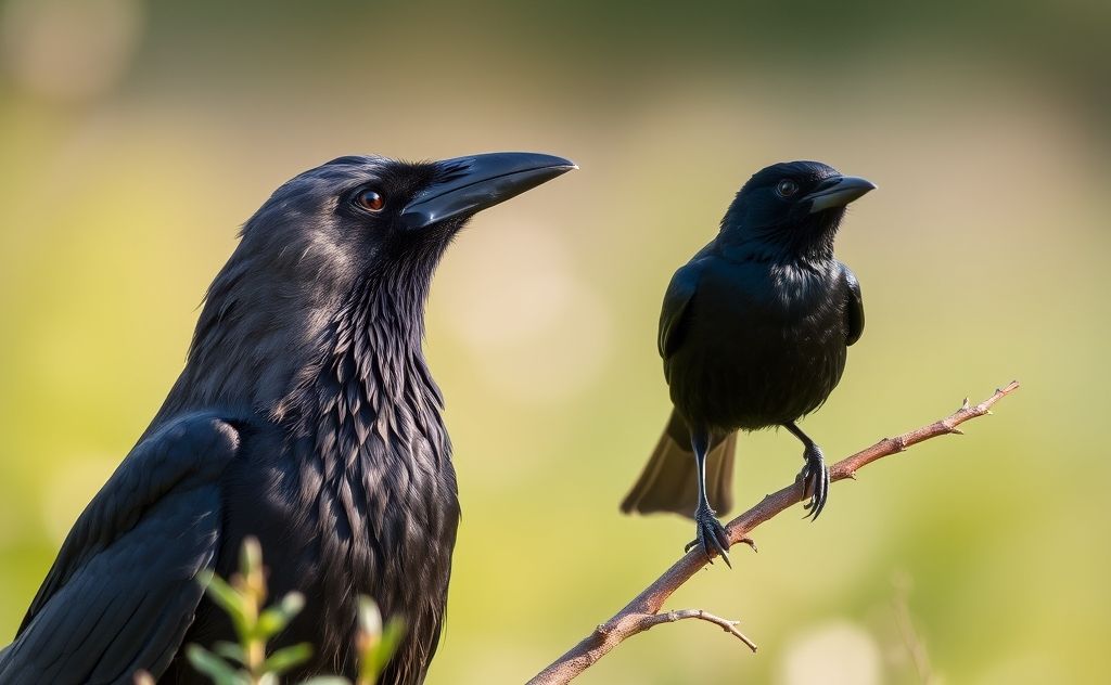 A close-up of a crow and a blackbird side by side in nature.