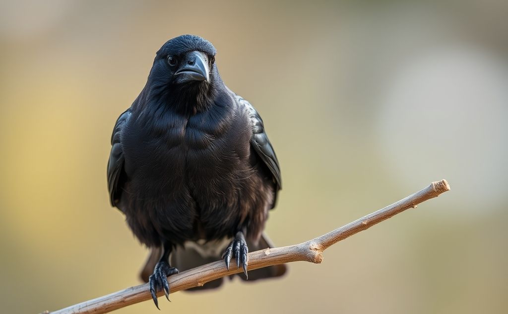 A close-up of a crow perched on a branch, looking inquisitive.