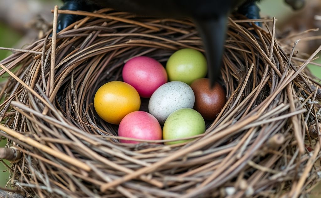 A close-up of a crow's nest with colorful eggs inside.