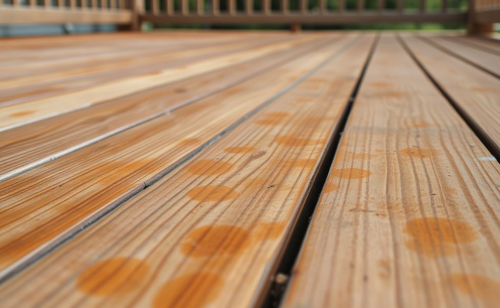 A close-up of a deck covered in harsh chemical residues and stains.