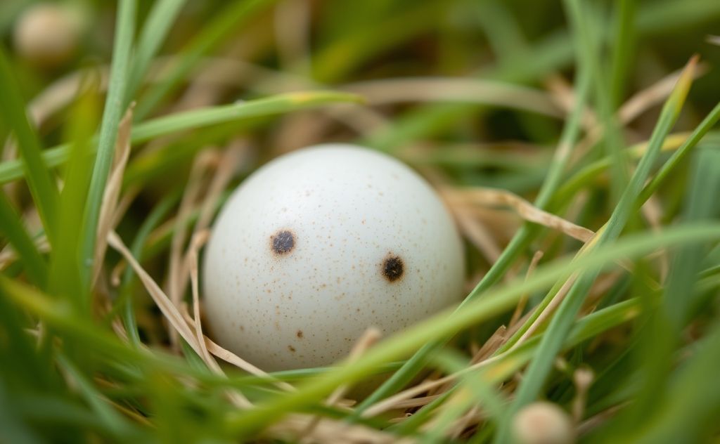 A close-up of a delicate bird egg nestled in soft grass.
