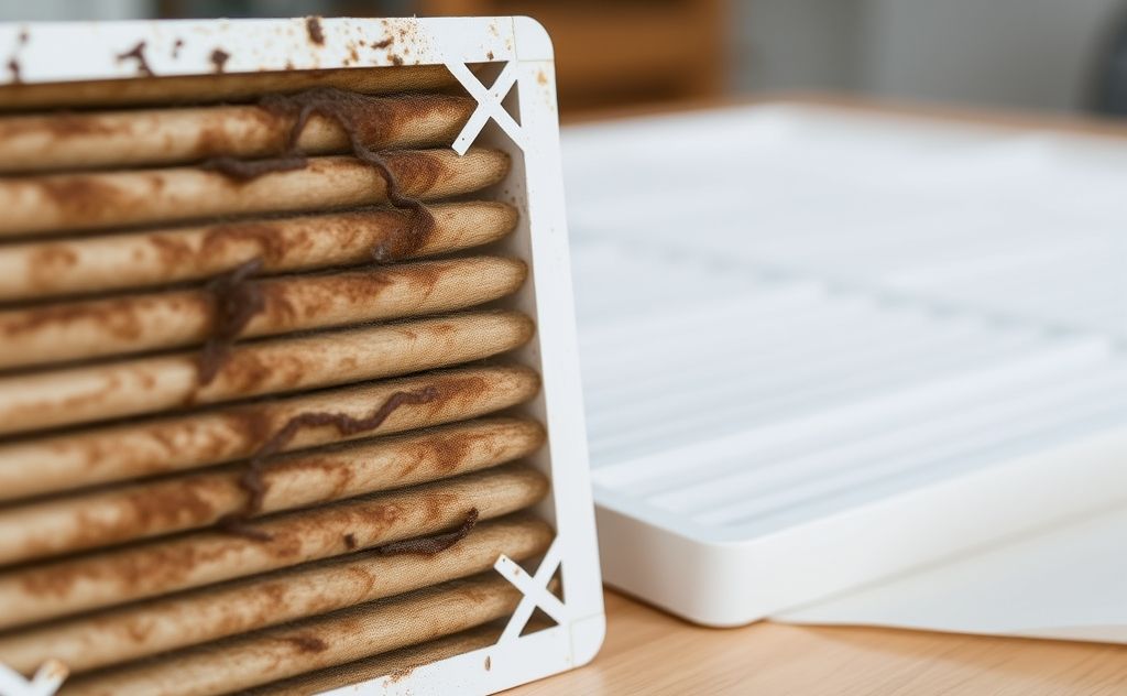 A close-up of a dirty HVAC filter next to a clean one on a table.