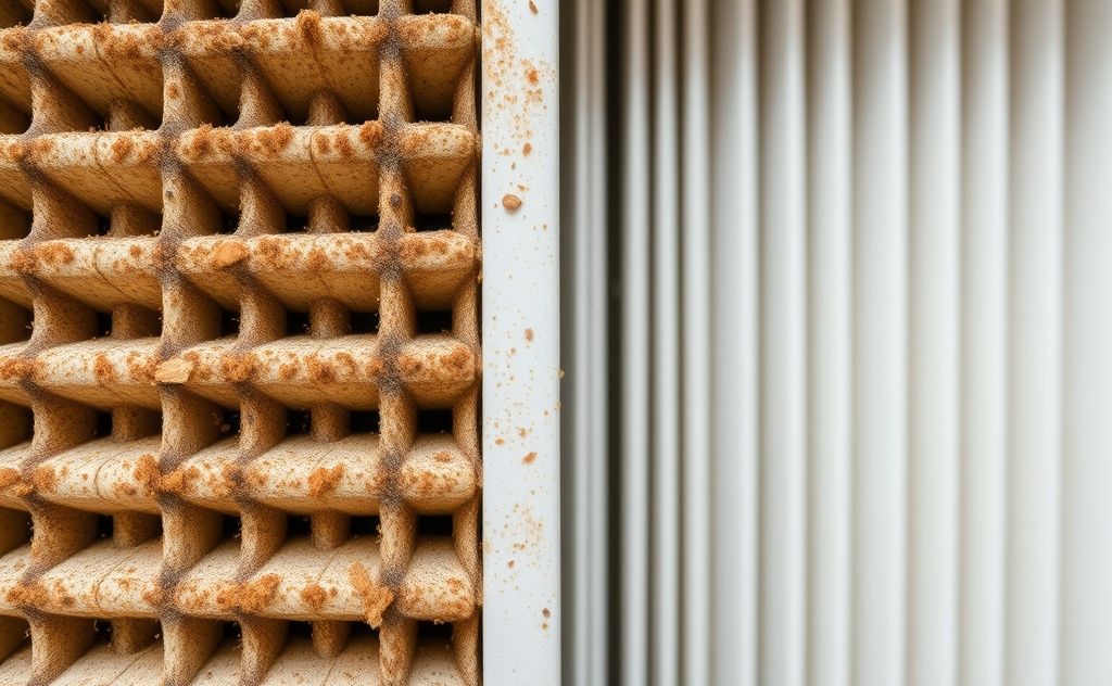 A close-up of a dirty air filter next to a clean one.