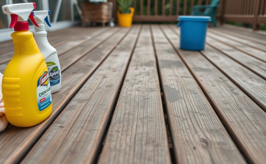 A close-up of a dirty deck with cleaning supplies nearby.