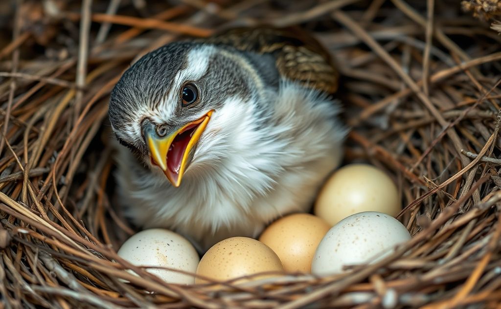 A close-up of a distressed bird in a nest with eggs.