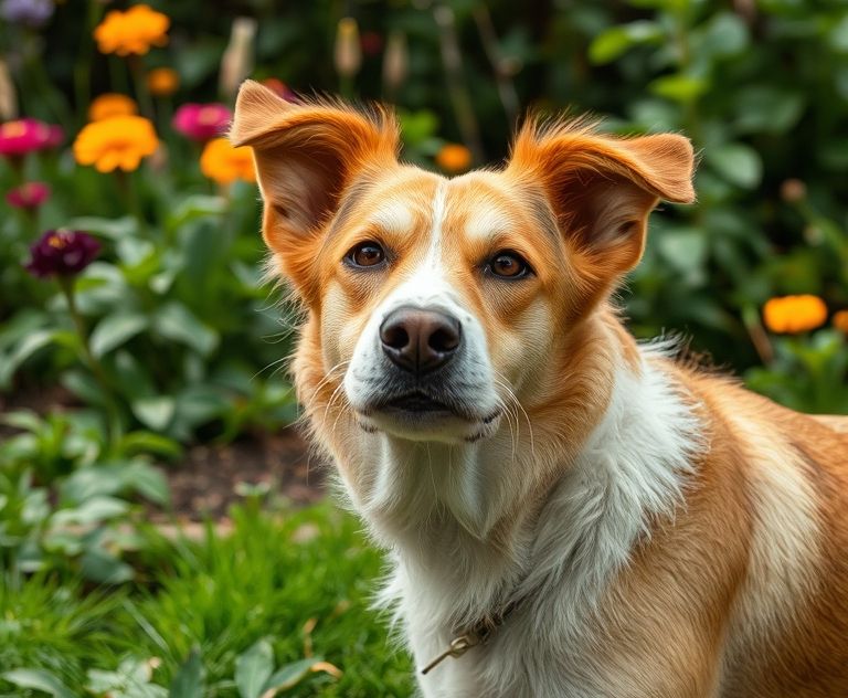 A close-up of a dog in a garden during its heat cycle.