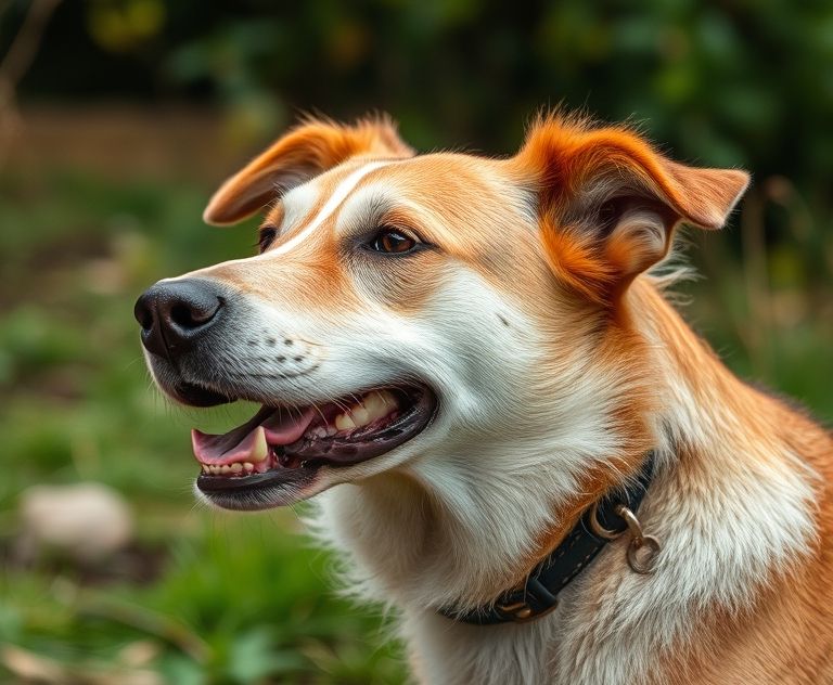 A close-up of a dog in a natural setting during a heat cycle.