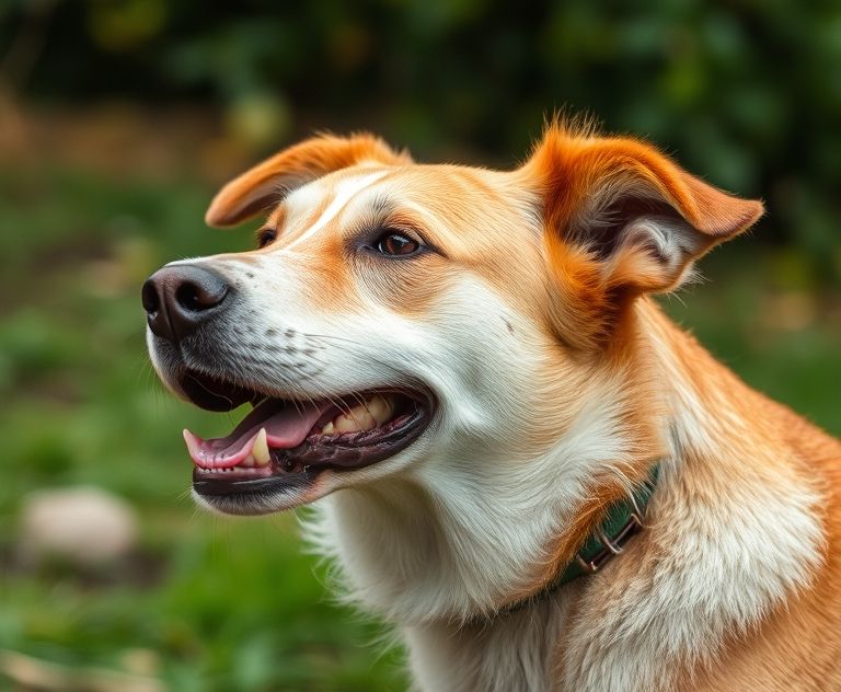 A close-up of a dog in a natural setting during its heat cycle.