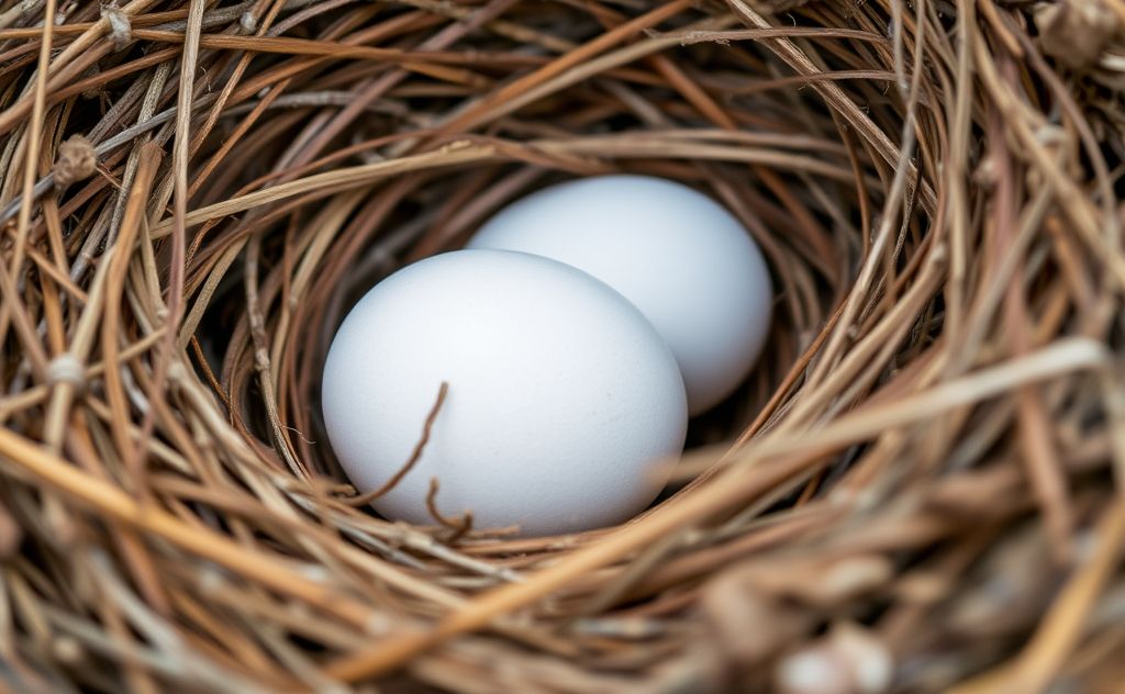A close-up of a dove nest with two white eggs inside.