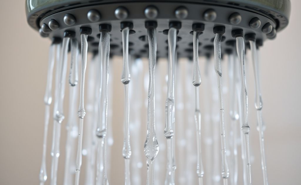 A close-up of a dripping showerhead with water droplets.