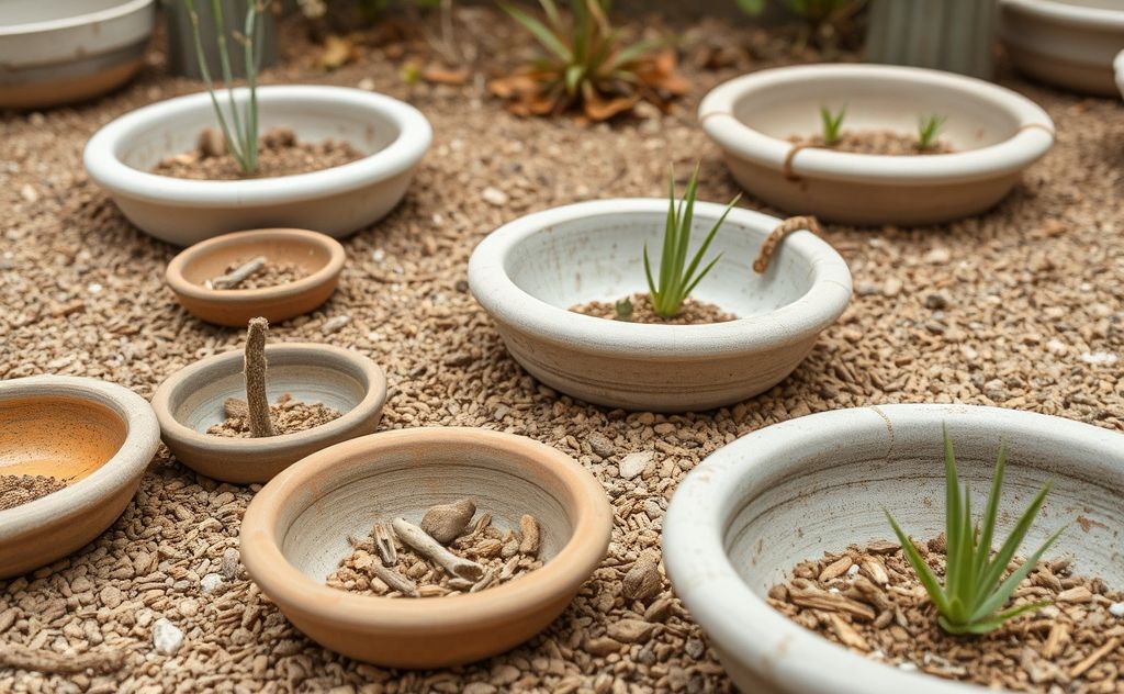 A close-up of a dry garden with empty bowls and no plants.
