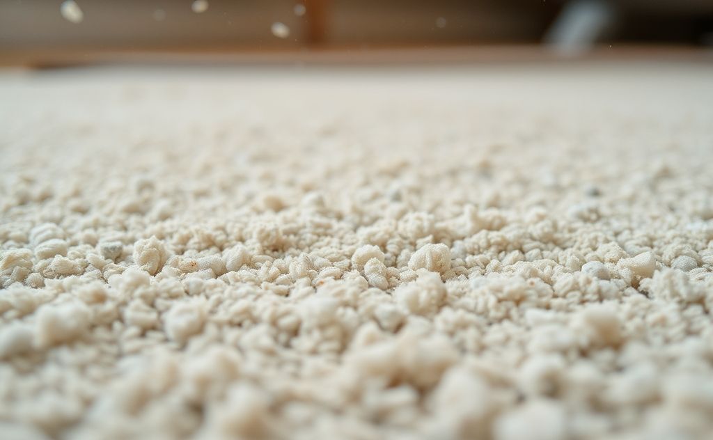 A close-up of a dusty carpet with airborne particles and allergens.